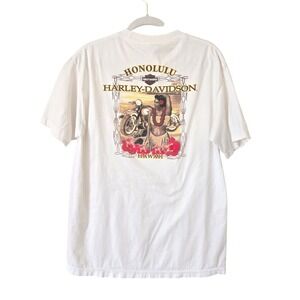Harley-Davidson Honolulu Hawaii White Graphic T-Shirt Mens Large Hula Girl Moto